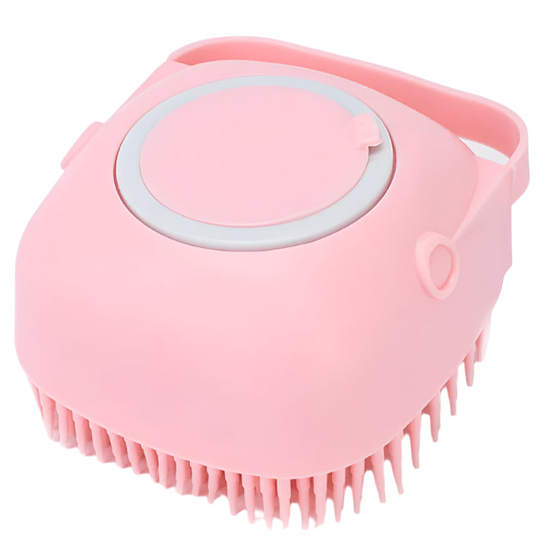 Burete din silicon cu rezervor pentru sampon si gel de dus, 80 ml roz