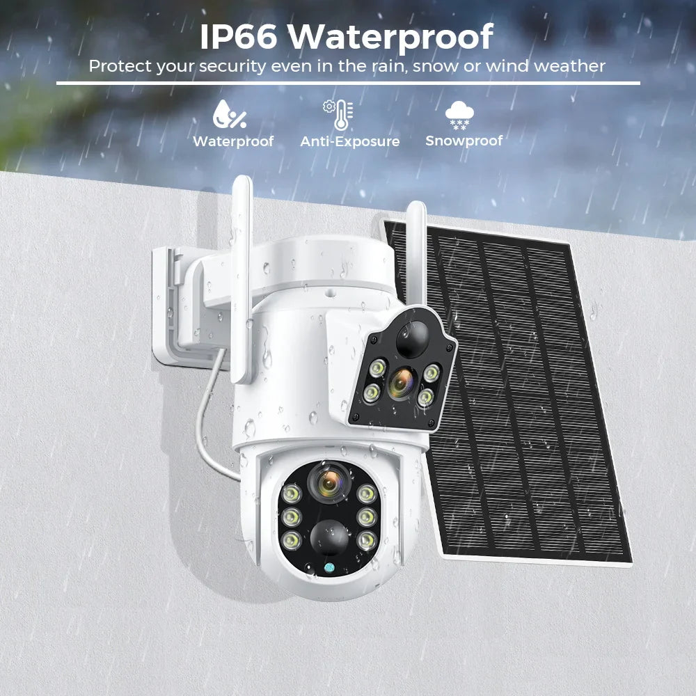 Camera de supraveghere solara exterior Jortan, 4K, duala, WIFI, viziune nocturna color, rezistenta la apa
