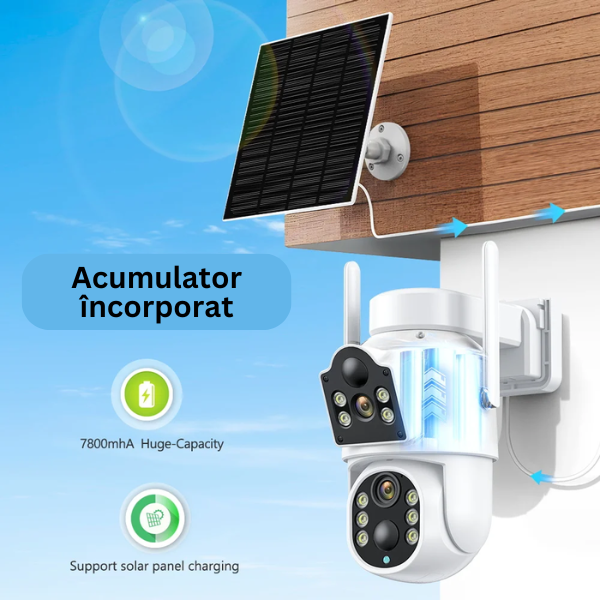 Camera de supraveghere solara exterior Jortan, 4K, duala, WIFI, viziune nocturna color, rezistenta la apa