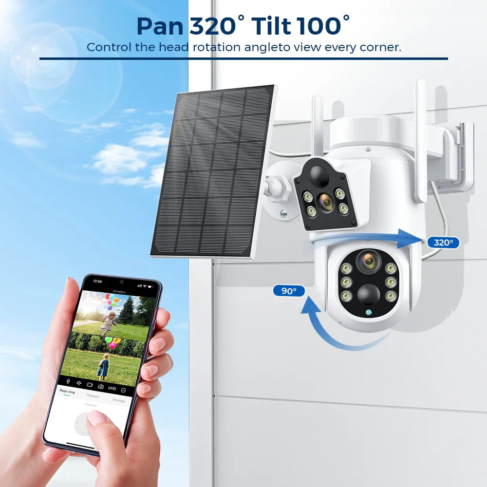 Camera de supraveghere solara exterior Jortan, 4K, duala, WIFI, viziune nocturna color, rezistenta la apa