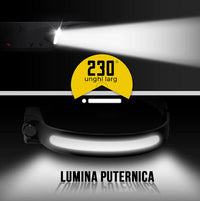 Lanterna de cap banda led cu acumulator, Unghi Larg de Iluminare, Led Puternic si Senzor Miscare
