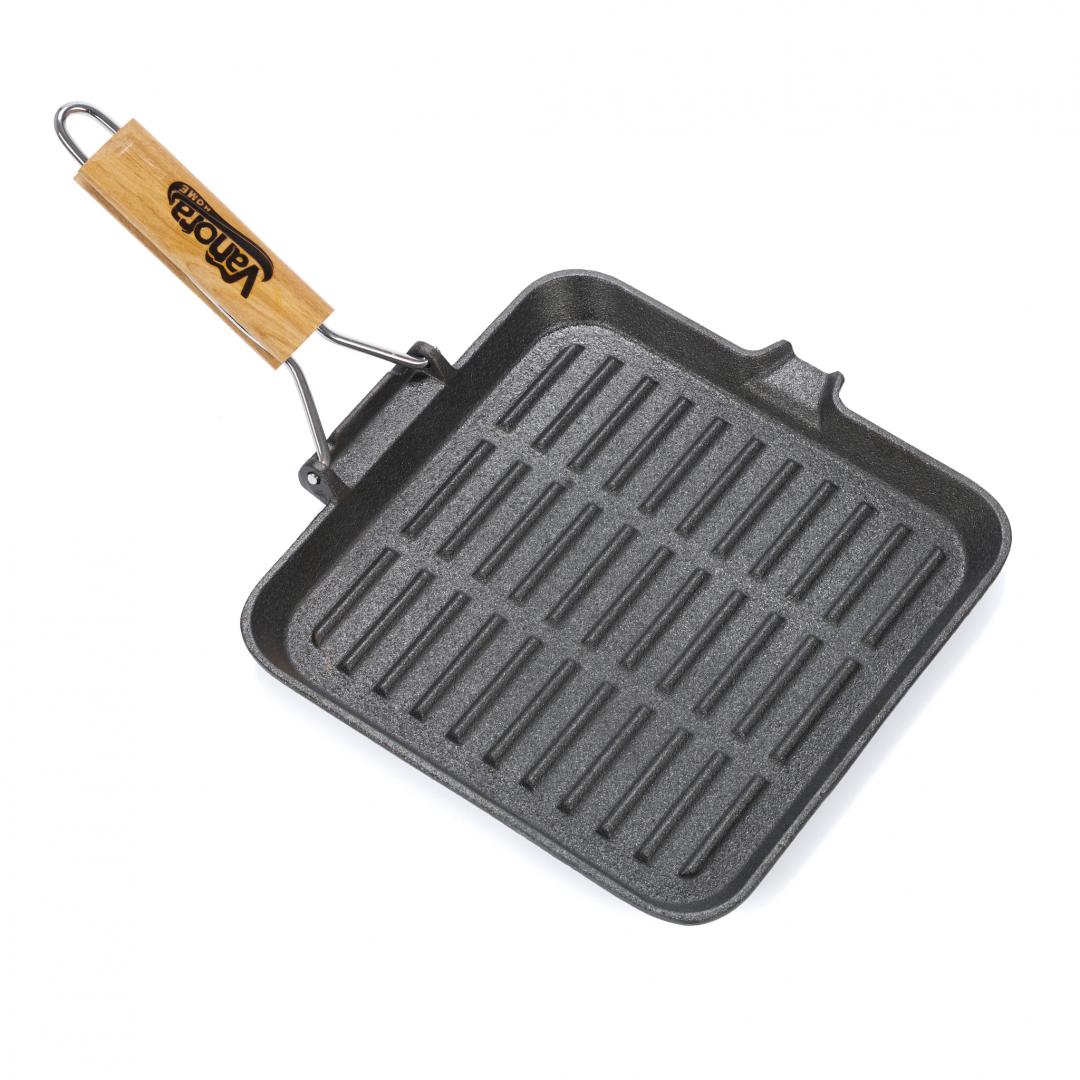 Tigaie Grill Fonta Pura Cu Maner Lemn Detasabil, 23x2 cm